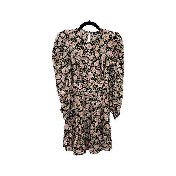 ZARA Women's Mini Dress Long Sleeve Tiered Ruffle Hem Floral Pink Black Small - Picture 1 of 7